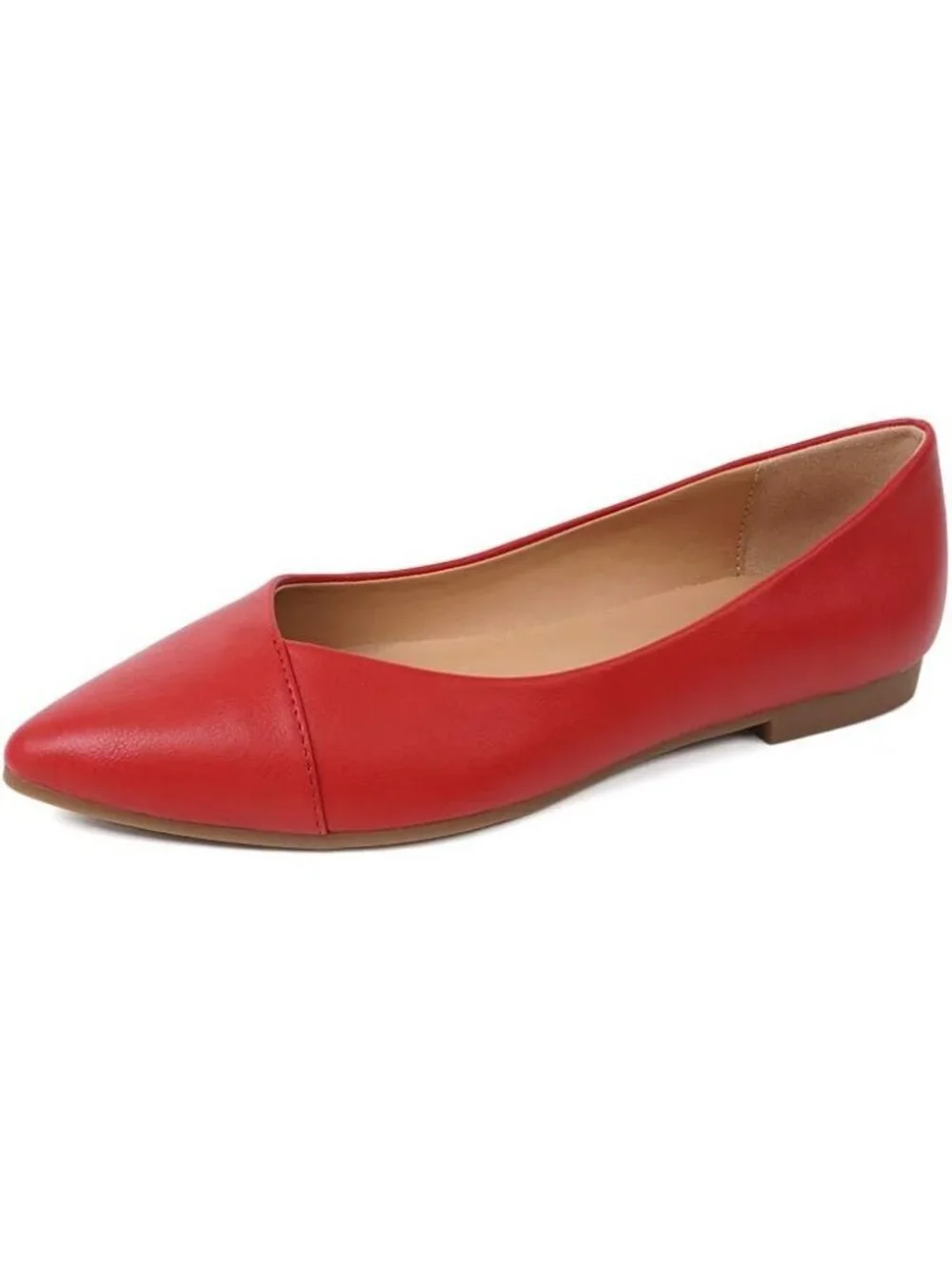 FUNKYMONKEY Women's Red Faux Leather Pointed Toe Slip On Ballet Low Heel Flats